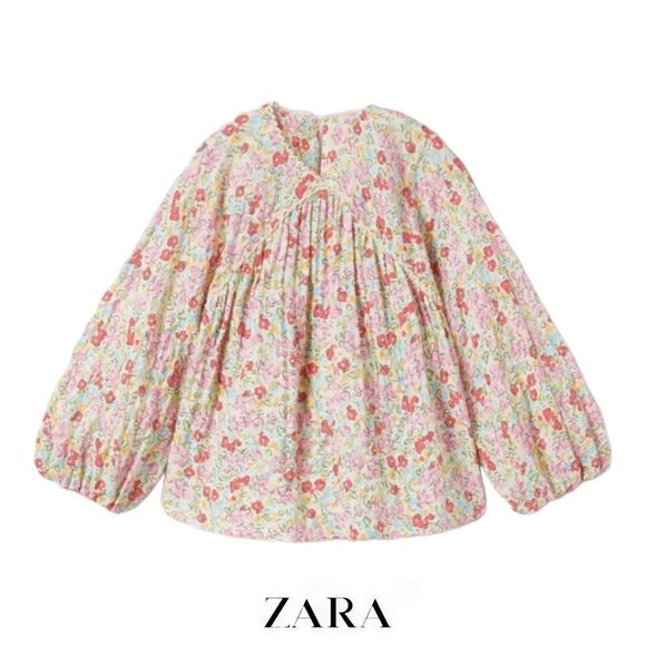 ZARA Kids | Pink | TEXTURED FLORAL LACE TRIM SHIRT - Picture 1 of 5